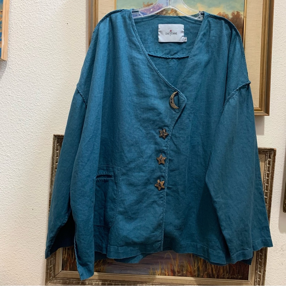 Cheyenne 100% linen shirt jacket celestial buttons 3X - Picture 2 of 8